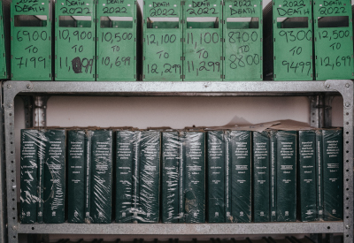 Shelves containing archival material