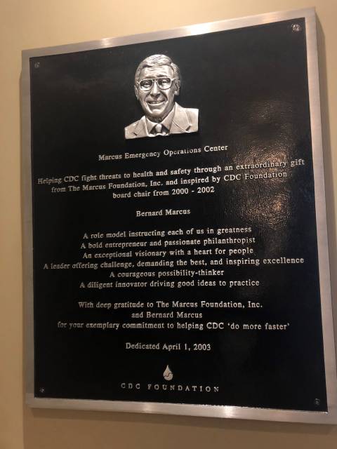 A plaque commemorating the generosity of Bernie Marcus